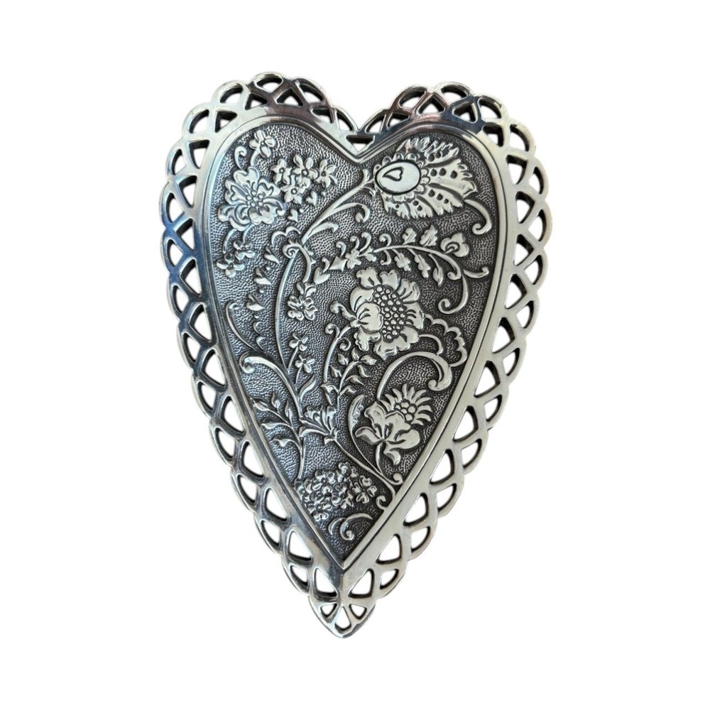 Brighton Garden Heart Trinket‎ Dish Ornate Floral Metal Vanity Jewelry Tray